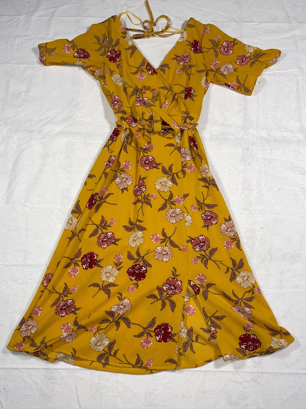 Blue Rain S Bright Yellow Floral Belted V Neck Short Sleeve Tie Back Midi Dress